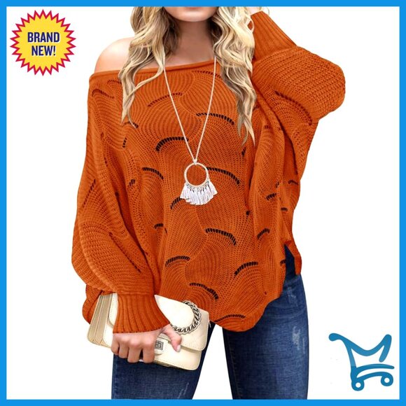 Oversized Boho Knit Sweater Off Shoulder Hollow Out Long Sleeve Pullover Top